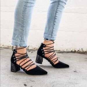 Mi.iM Plam Black Lace-Up Velvet Glitter Block Heels